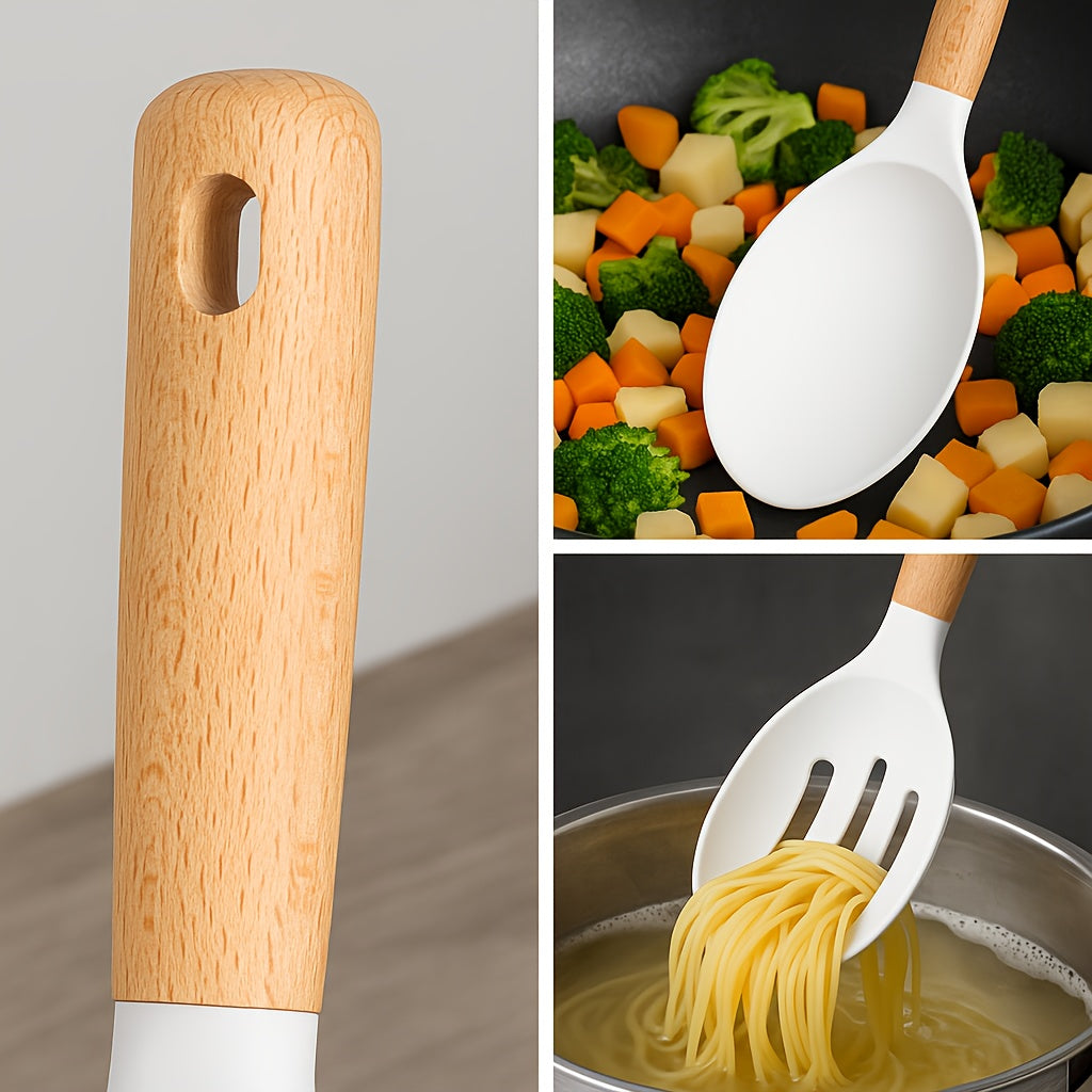 Set of 2 Silicone Cooking Spoons, Sturdy Slotted Spoon with Wooden Handle, Nonstick Silicone Kitchen Utensils for Cooking, Heat-Resistant Spatula Set for Serving, Basting, And Mixing