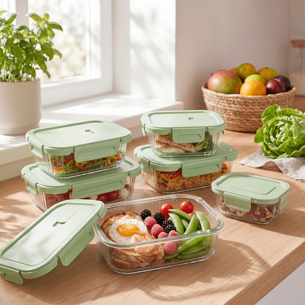 8pcs Borosilicate Glass Food Storage Containers with Lids, Light Blue/Green, with Stripes Meal Prep Containers, Airtight Bento Boxes, Leak Proof Locking, for Microwave, Oven, Freezer And Dishwasher, BPA Free, Organization Storage, Gifts
