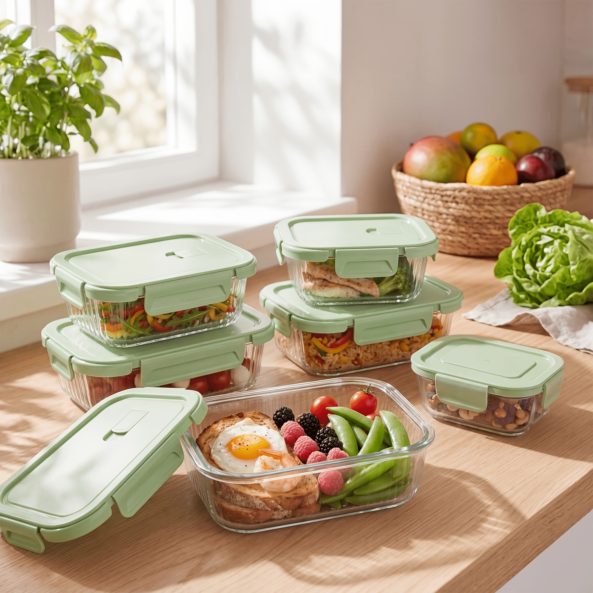 8pcs Borosilicate Glass Food Storage Containers with Lids, Light Blue/Green, with Stripes Meal Prep Containers, Airtight Bento Boxes, Leak Proof Locking, for Microwave, Oven, Freezer And Dishwasher, BPA Free, Organization Storage, Gifts