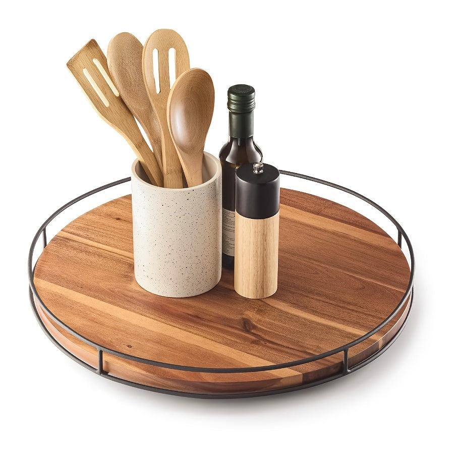 9 Inch Lazy Susan Turntable for Table, Kitchen Rustic Brown Turntable Organizer with Steel Frame, 360 Degree Decorative Lazy Susan for Countertop Cabinet Or Centerpieces