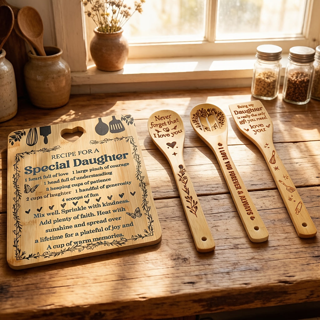 Gifts for Daughter - "Recipe for a Special Daughter" Daughter Birthday Gifts Cutting Board Set Bamboo-Made Engraved Utensil Set Birthday Gifts for Daughter Mothers Day Gifts for Daughter