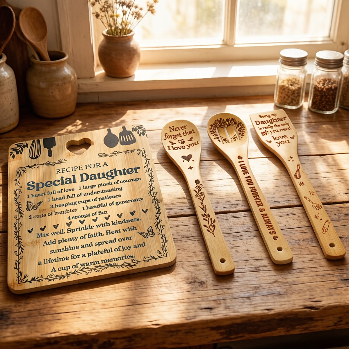 Gifts for Daughter - "Recipe for a Special Daughter" Daughter Birthday Gifts Cutting Board Set Bamboo-Made Engraved Utensil Set Birthday Gifts for Daughter Mothers Day Gifts for Daughter