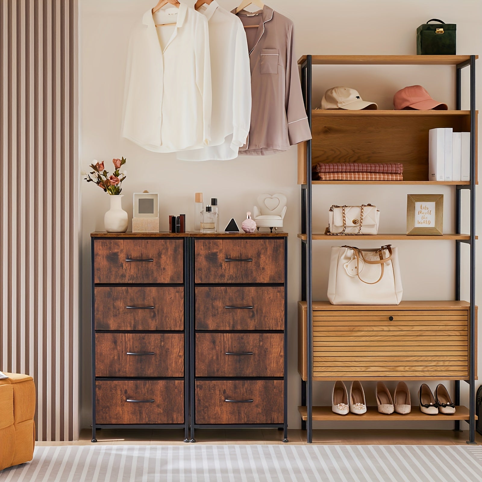 4-Drawer Dresser Organizer Storage Drawers, Chest of Drawers with Fabric Bin, Steel Frame, Wood Top, Use for Lab, Closet, Black/Brown/White/Gray to Choose