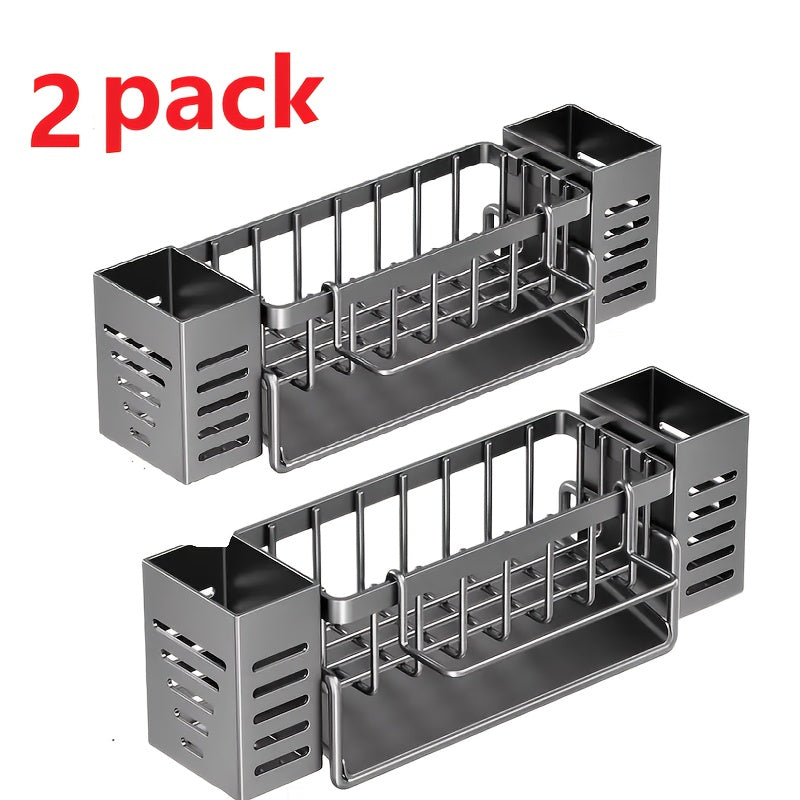 1/2pcs Heavy-Duty Metal Kitchen Sink Organizer Tray - Sink Drainage Rack with Built-in Sponge Holder, Dish Brush Slot - Space-Saving Countertop Organizer, Compatible with Standard Sinks - Easy to Clean Kitchen Storage Rack, Compact Design, Sturdy