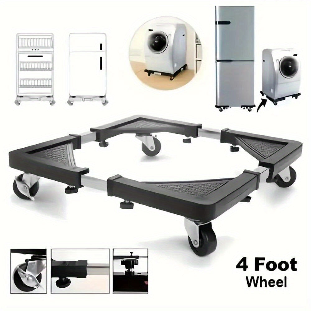 1pc Stainless Steel Mobile Device Trolley with 4 Locking Wheels - Adjustable Drum Base for Refrigerator, Washer and Dryer - Space-saving Kitchen Storage Rack with Telescopic Stand and Sliding Casters