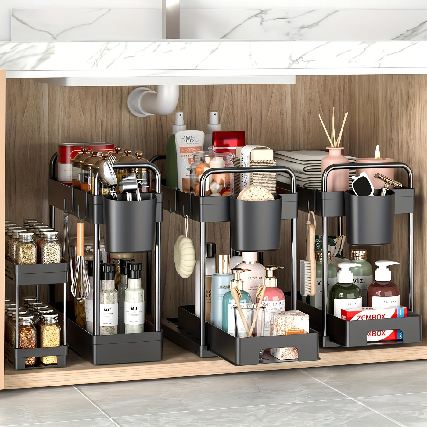Kitchen Essential – 4pcs Adjustable Under-Sink Organizer - Metal& Plastic, Multi-Layer Storage Rack For Kitchen & Bathroom Cabinets, Space-Saving Design for Modern US Homes, easy meal prep a