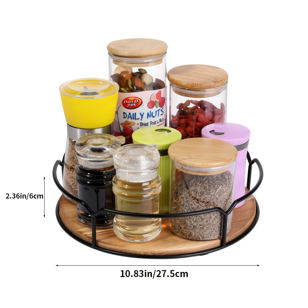 Kitchen Essential – 360° Rotating Solid Wood Turntable Organizer with Sturdy Steel Handles - Space-Saving Storage Tray for Kitchen, Pantry, Cabinet, Vanity & Fridge - Multi-Purpose Spice Rac