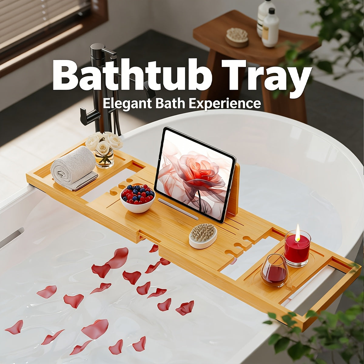 Sturdy And Durable Bathtub Tray, Made Of Wood. The Bath Table Tray Is Adjustable. The Bathtub - Specific Bath Caddy Tray Ensures Hassle - Free Storage. A Thoughtful Gift for Her.