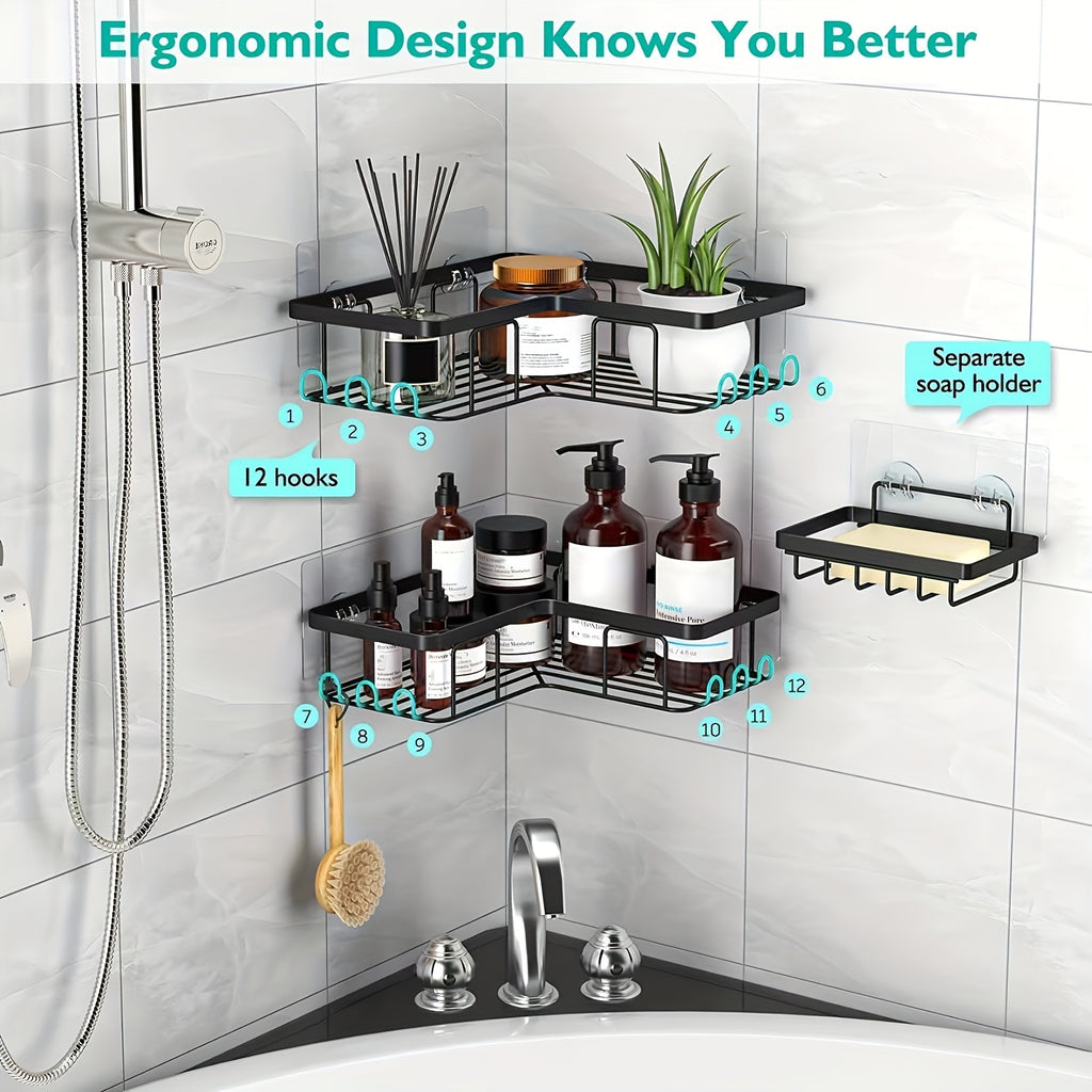 Corner Adhesive Shower Caddy, with Soap Holder And 12 Hooks, Rustproof Stainless Steel Bathroom Organizer, No Drilling Wall Mounted Rack, Black, 3-Pack