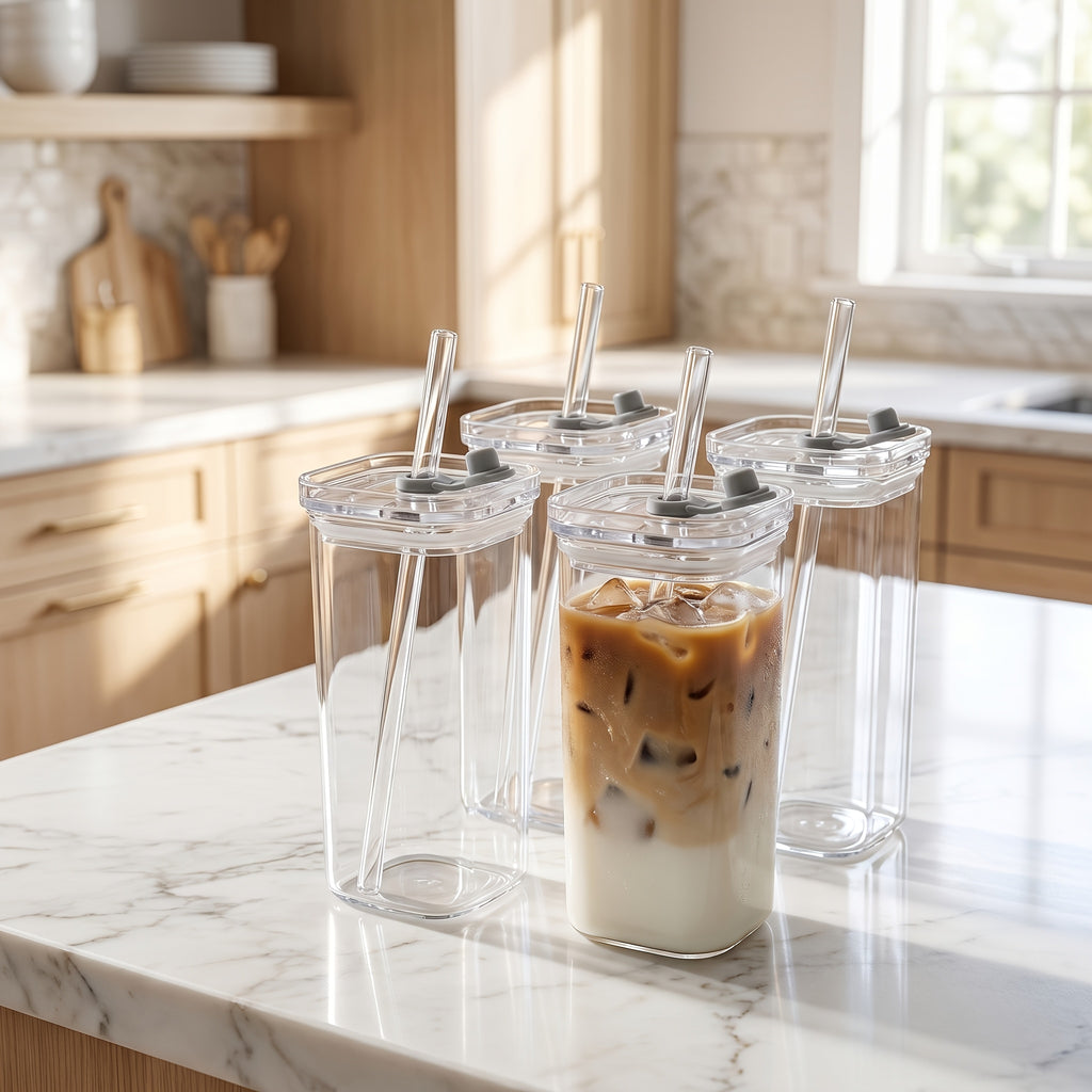 Compact 13oz Reusable Drinkware Set – easy-access beverage storage, Set of 4 Square Glass Cups with Lids 13oz Capacity Perfect Coffee Cups Includes, designed for American homes, daily convenience and practical gifting