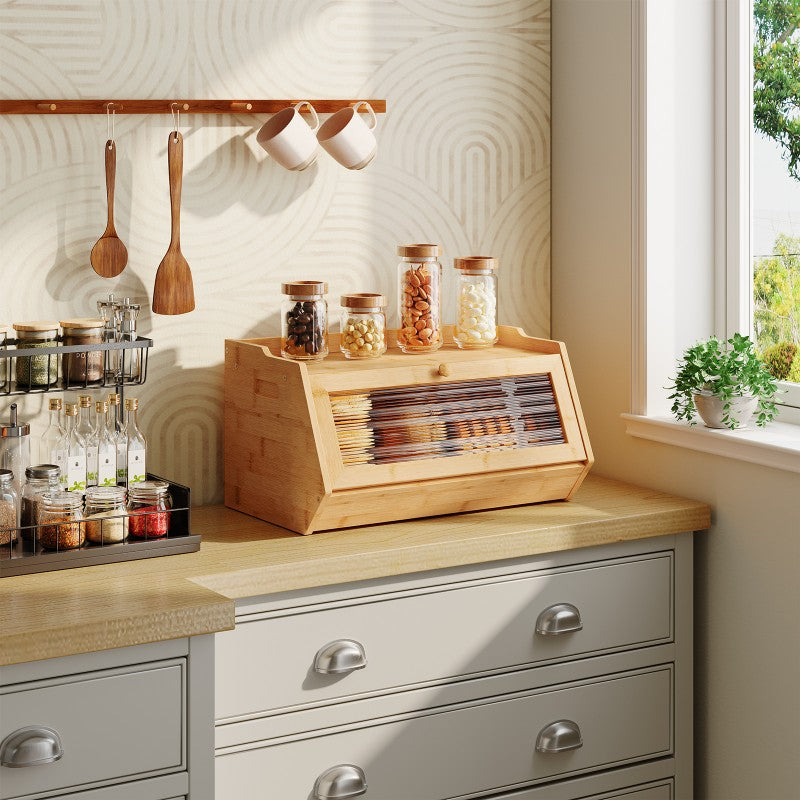 Space-Saving Countertop Bread Storage Box – fresh-bread countertop organization, Large Bamboo Bread Box with Acrylic Window Drop-Down Door - Farmhouse Kitchen Storage Cabinet, designed for American homes, daily convenience and practical gifting