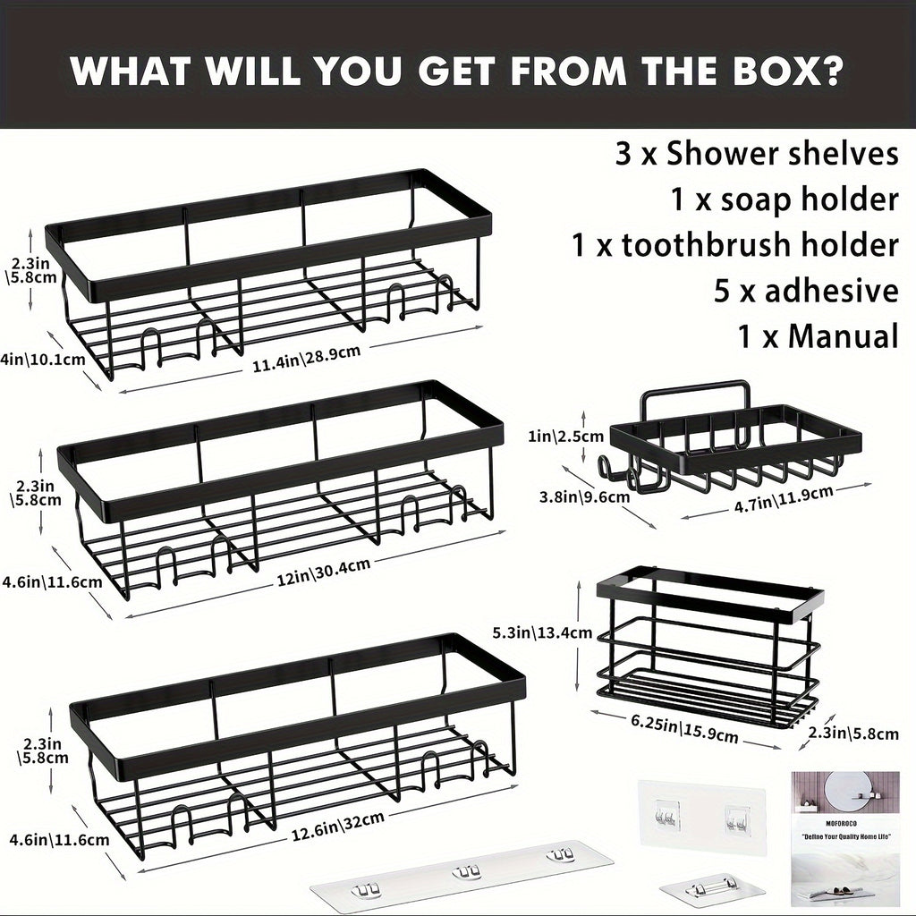 Shower Caddy, 5 Pack Shower Organizer Rack for Inside Shower, Self Adhesived Shower Shelf Large Capacity Rustproof Stainless Steel Bathroom Wall Storage Shower Basket, Random Color Properties to Choose, Shower Caddies