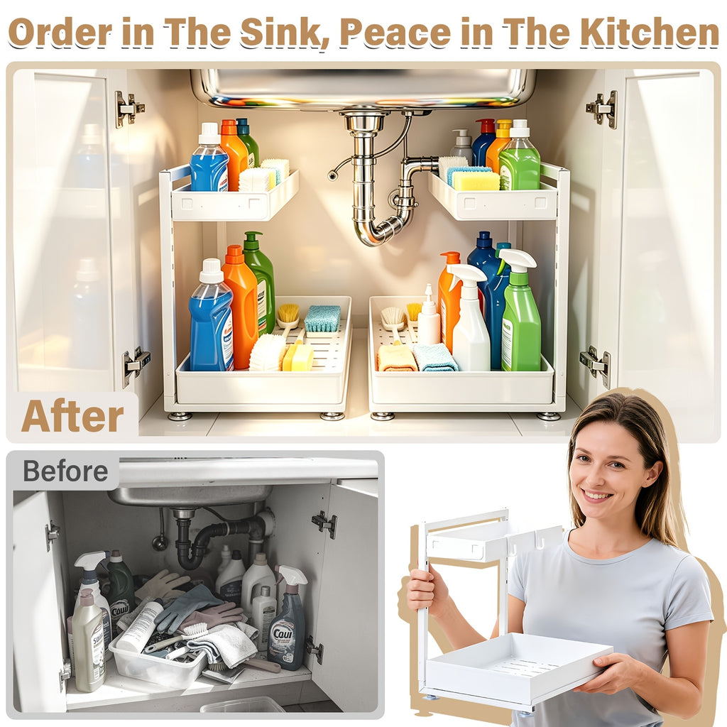 2-Pack Under Sink Organizer, 2-Tier Pull-Out Storage Rack, Adjustable Metal Cabinet Organizer for Kitchen Bathroom Pantry