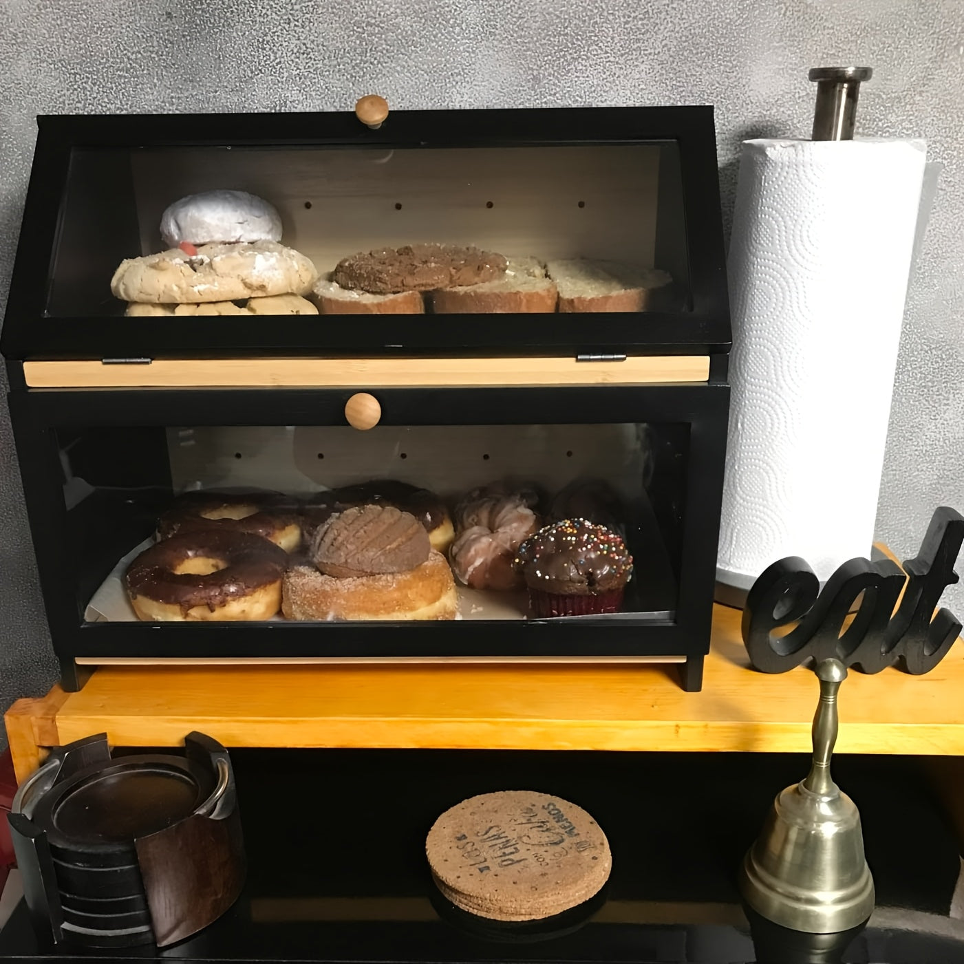 Premium Countertop Bread Storage Box – fresh-bread countertop organization, Double Layer Large Bread Box for Kitchen Counter Wooden Large Capacity Bread Storage Bin, designed for American homes, daily convenience and practical gifting