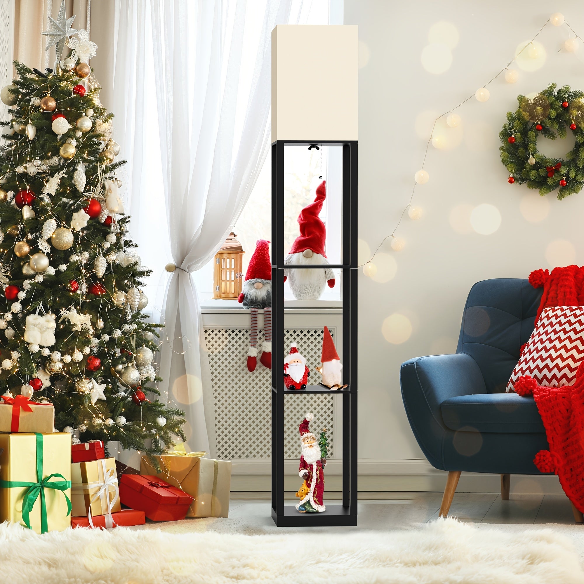 62.9" Column Floor Lamp with Shelves, Real Solid Wood And Bulb Included, Suitable for Halloween, Christmas And Other Holidays