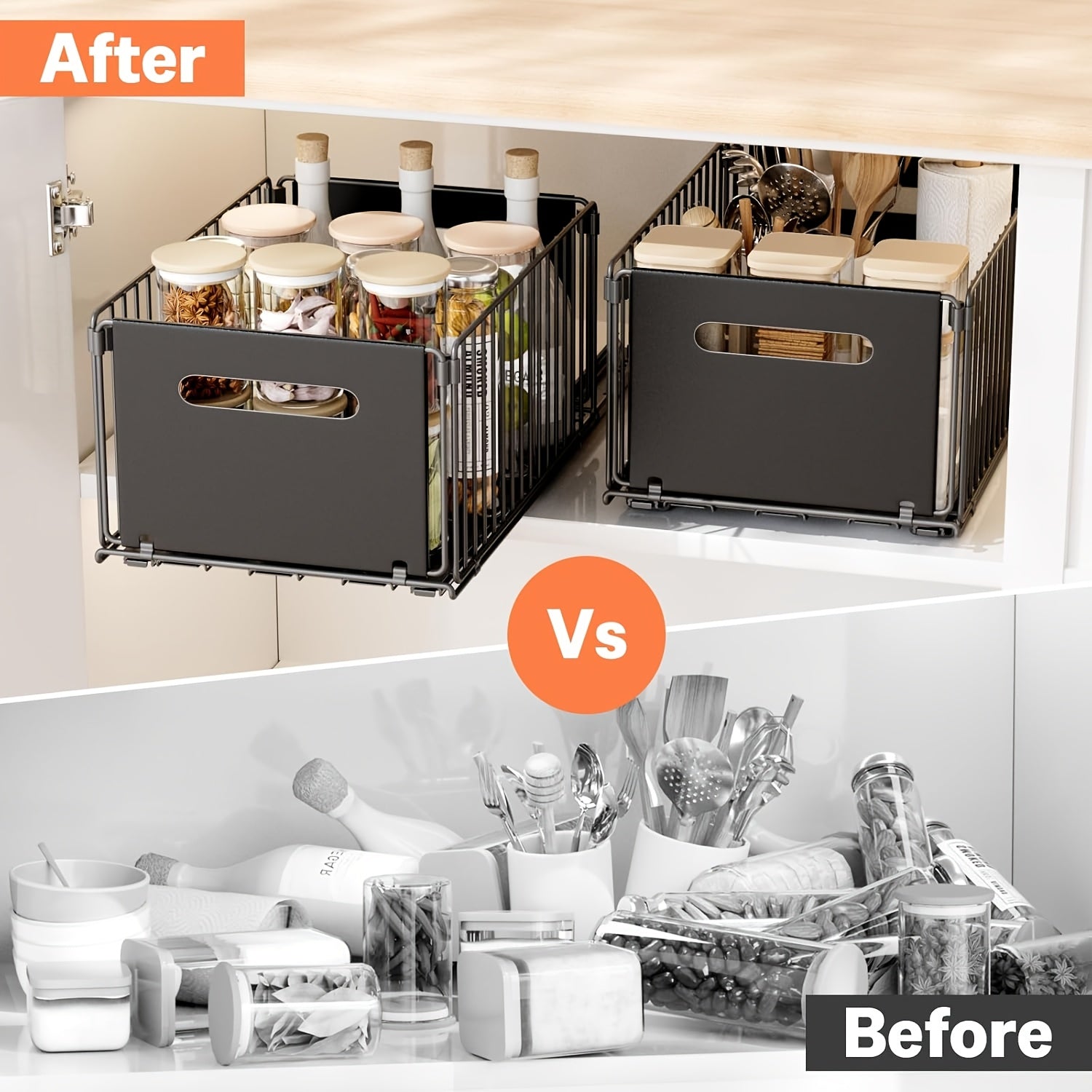 Kitchen Essential – 2pcs, Cabinet Pull-out Storage Basket, Bathroom Sink Slide-out Storage Basket, Sliding Multipurpose Organizer, Spice Rack, Snack Rack, Household Items And Cleaning Suppli