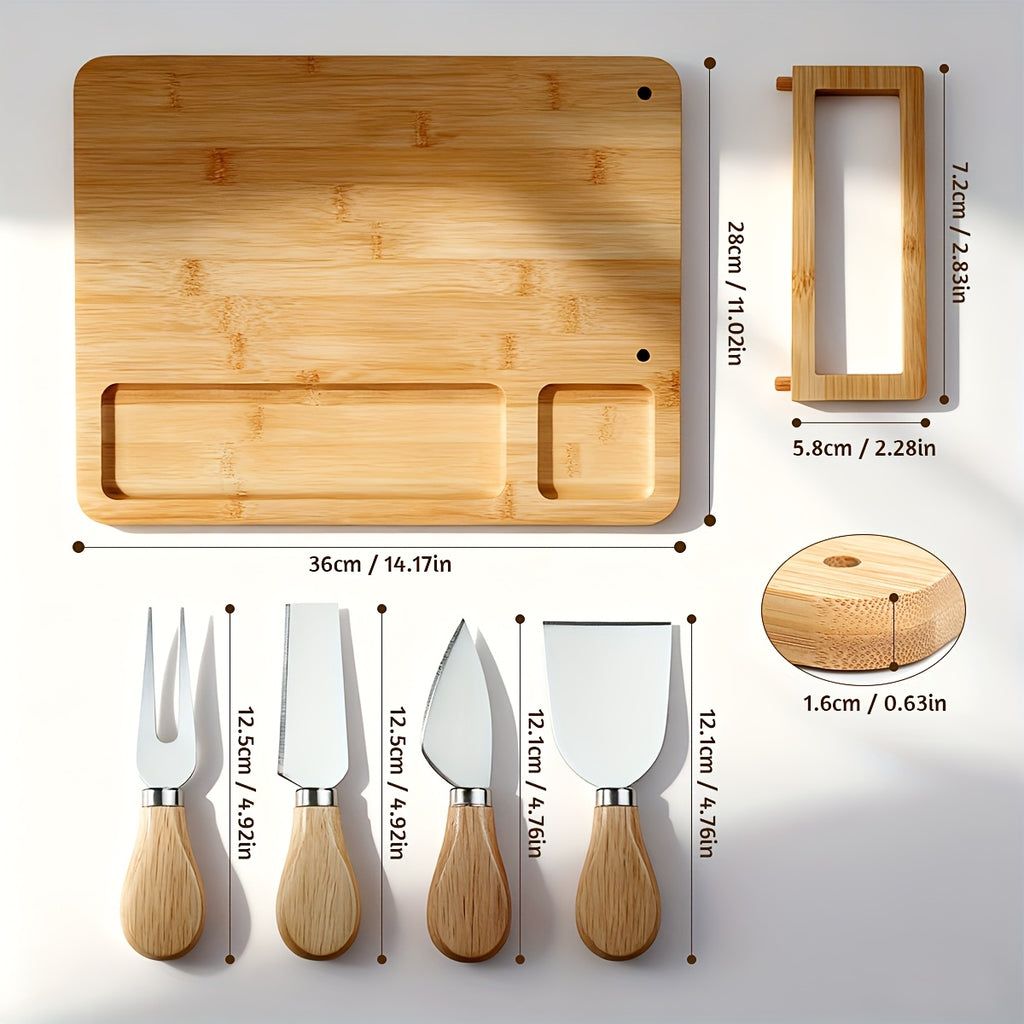 Large Charcuterie Board with 4 Knife Set - Wood and Bamboo Dinner Plates, Divided Sectionsfor Cheese, Meats, Fruits & Crackers - Party Platter for Weddings, Thanksgiving, Housewarming - Durable Board for