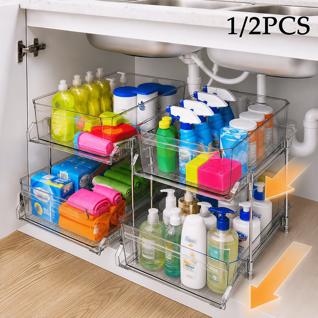 1/2pcs Large-Capacity Double-Layer Transparent Pull-Out Storage Multi-Purpose Slide-Out Storage Container Space-Saving Design Durable Plastic Shelves Bathroom Vanity Storage Sink Cabinet Storage Kitchen Organization