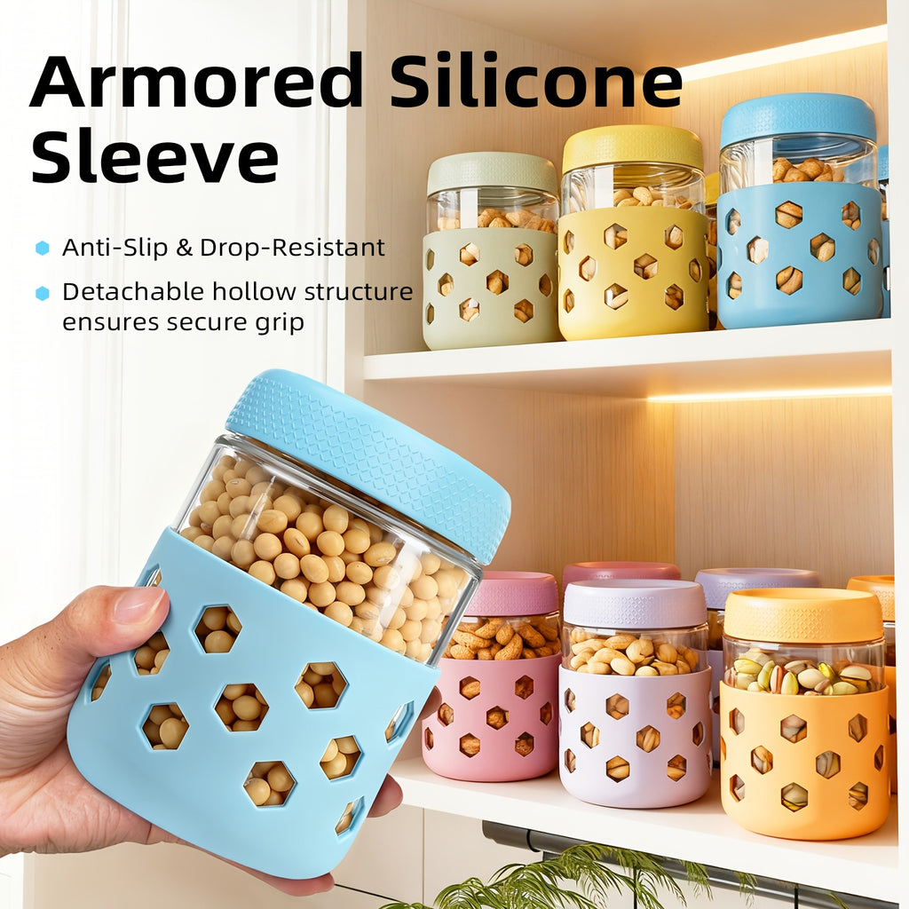 6-Pack Glass Airtight Jars with Silicone Sleeves, Moisture-Proof Food Storage Containers for Tea, Grains, Nuts, Snacks, and Yogurt