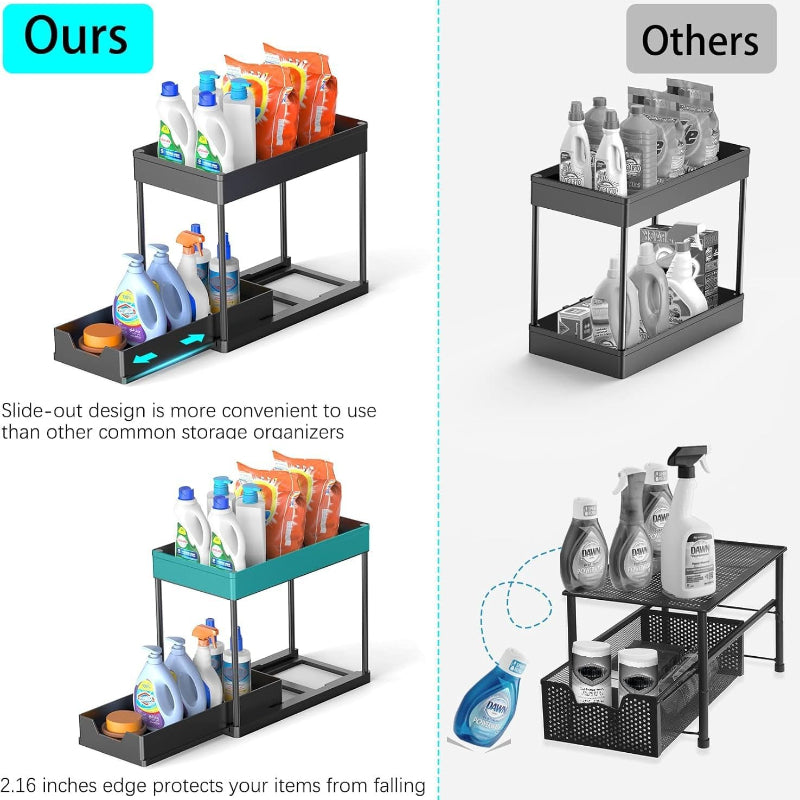 Space-Saving 2 Pack Stackable Home Storage Bins – portable space-saving storage, 2 Pack Under Sink Organizers and Storage 2-Tier Sliding Cabinet Basket Organizer with Hooks, designed for American homes, daily convenience and practical gifting