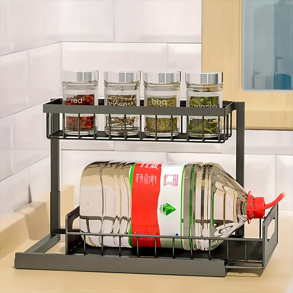Kitchen Essential – Two-Tier Under-Sink Organizer Featuring a Sliding Drawer, Metal Pull-Out Storage Rack for Kitchen, Bathroom, Or Closet, Designed for Space Efficiency And Easy Access for