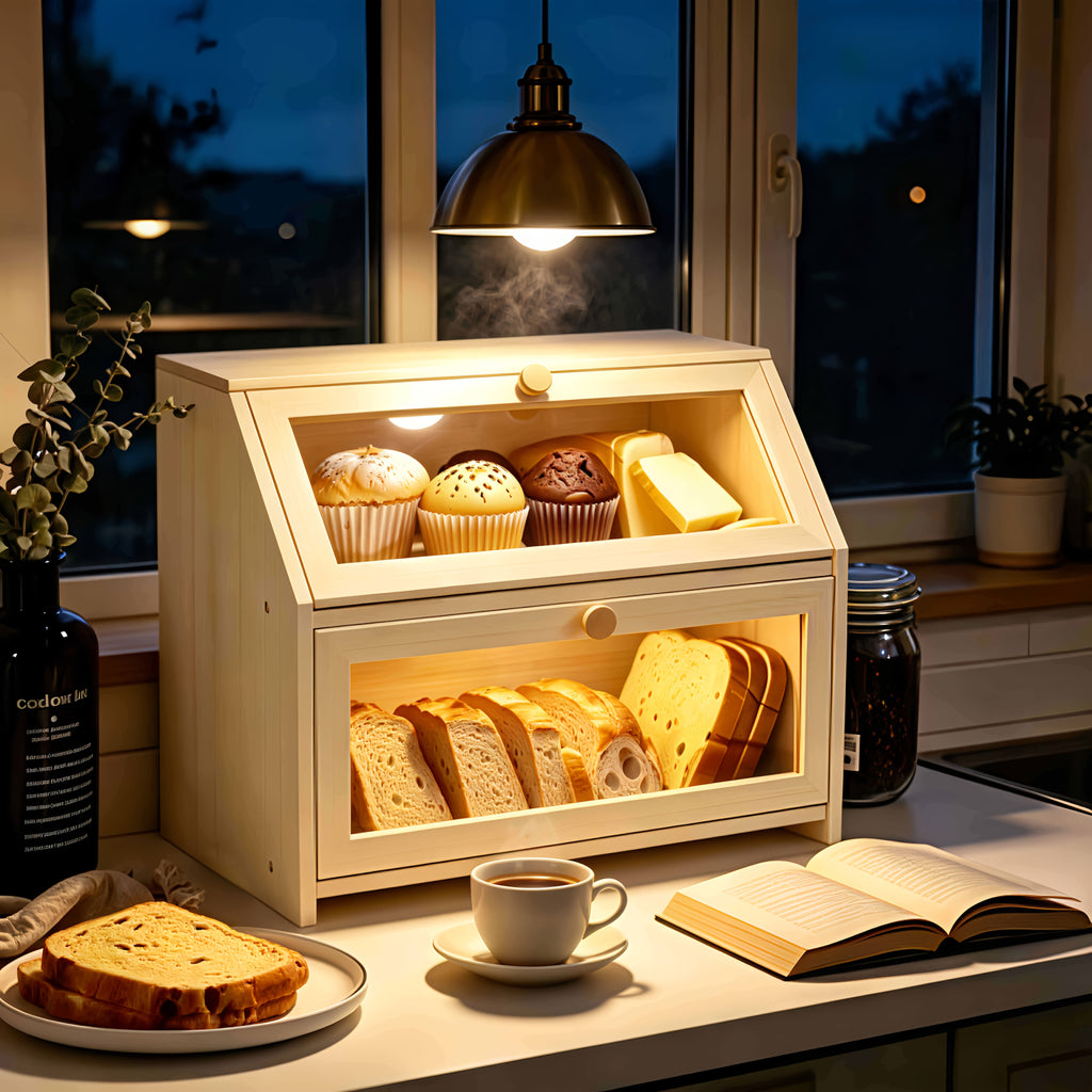 Countertop Bread Box With Transparent Window |Double-Layer Bread Storage Box For Kitchen | Large-Capacity Food Storage Container.
