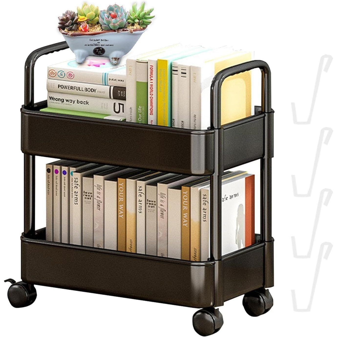 2pcs Rolling Cart with Wheels and Handle,Rolling Storage Cart for Office, Living Room, Laundry Room,Kitchen,Bathroom, Black White