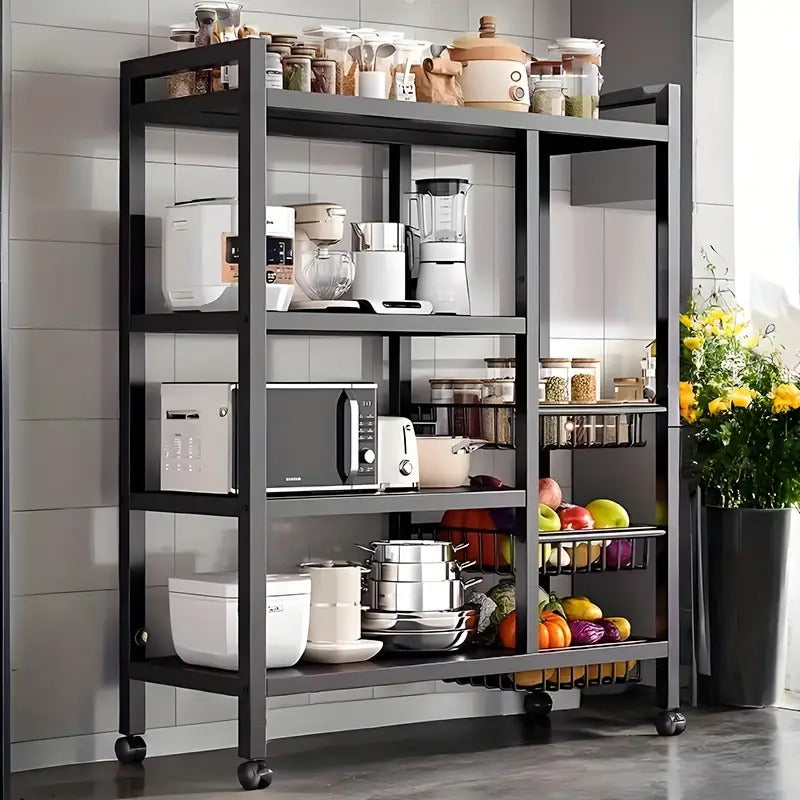 BCNVDUS Three-Layer Heavy-Duty Metal Kitchen Storage Rack with 360° Rotating Wheel - Freestanding Mobile Appliance, Bottle, Container Storage Rack - Easy-To-Clean Open Mesh Basket, Space-Saving Floor Design, Kitchen Organization And Storage