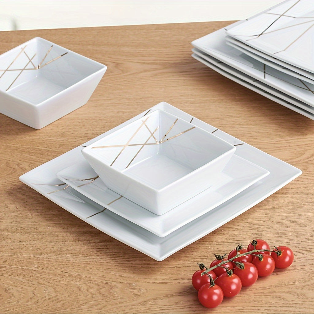 12pcs Ceramic Tableware Set, Modern Light Luxury Golden Line Tableware Plate, 10-Inch And 7.6-Inch White Black Steak Plate, Pasta Plate, Dessert Plate, Salad Bowl, Soup Bowl, Complete Tableware, Suitable for Home And Restaurant, Housewarming Gifts