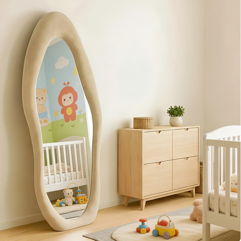 Full Length Mirror – Irregular Velvet Frame Full Length Mirror Safe Rounded Corner for Kids Room (Milk Tea, White, Black, Green, Pink, Blue) for Modern US Homes, clear stylish reflection, Ve