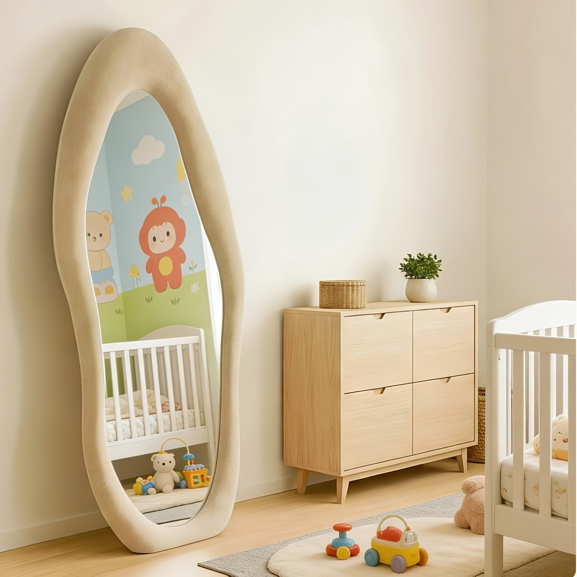 Full Length Mirror – Irregular Velvet Frame Full Length Mirror Safe Rounded Corner for Kids Room (Milk Tea, White, Black, Green, Pink, Blue) for Modern US Homes, clear stylish reflection, Ve