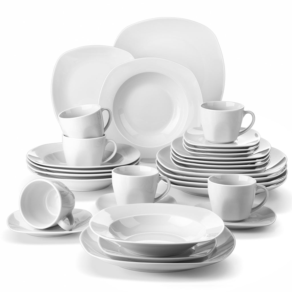 Plates And Bowls Set For 6, Grey White Square Dinnerware Sets, 30pcs Porcelain Dishes Set With Plates, Bowls, Cups And Saucers, Dinner Set Microwave Safe