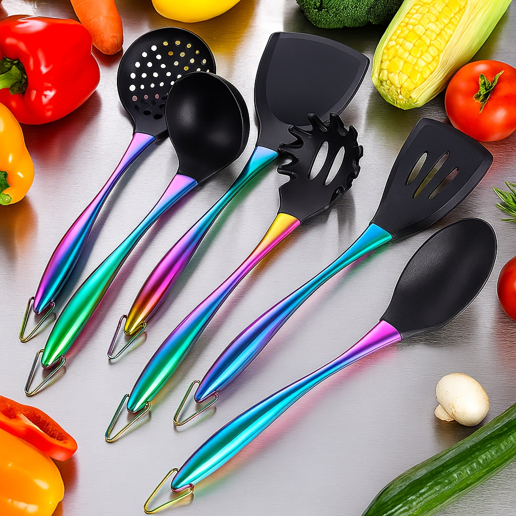 9pcs Silicone Cooking Utensils, Rainbow Kitchen Utensils Set, Titanium Cooking Utensils Set with Stainless Steel Handle, Silicone Spatula, Heat Resistant Silicone Utensils for Cooking, Non-Stick Spatula Set, Ladle with Stainless Steel Handle