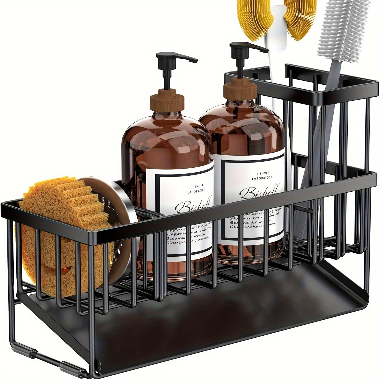 Durable Stainless Steel Kitchen Sink Organizer with Drain Tray - Heavy Duty 304 Rust-Proof Black Sink Storage Basket, Versatile Sponge And Brush Holder, Space-Saving Dish Rack Accessory for Sink And Countertop Without Dishwasher