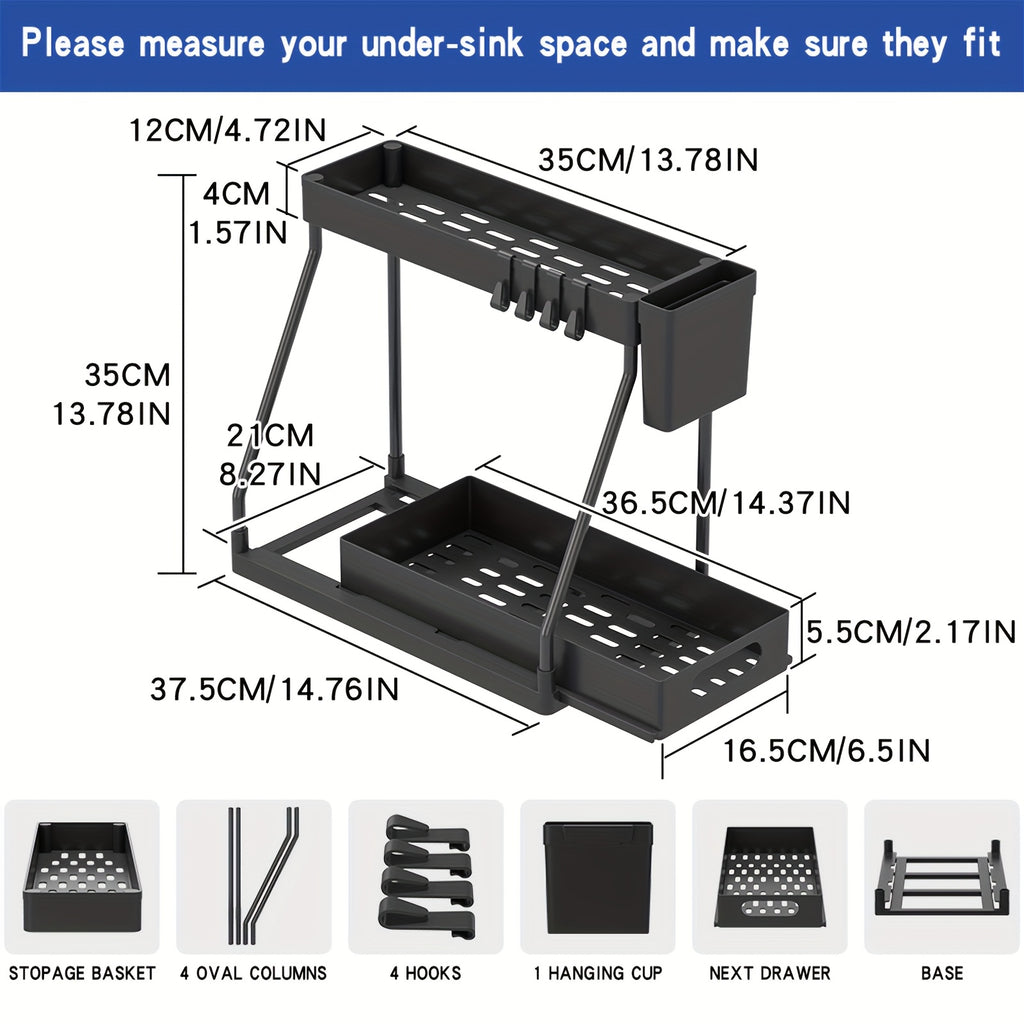 2pcs Under-Sink Organizer with Sliding Shelves, Multi-Functional Black Plastic Storage Baskets for Bathroom And Kitchen Cabinets, Durable Metal Structure, Bathroom Organizer Rack