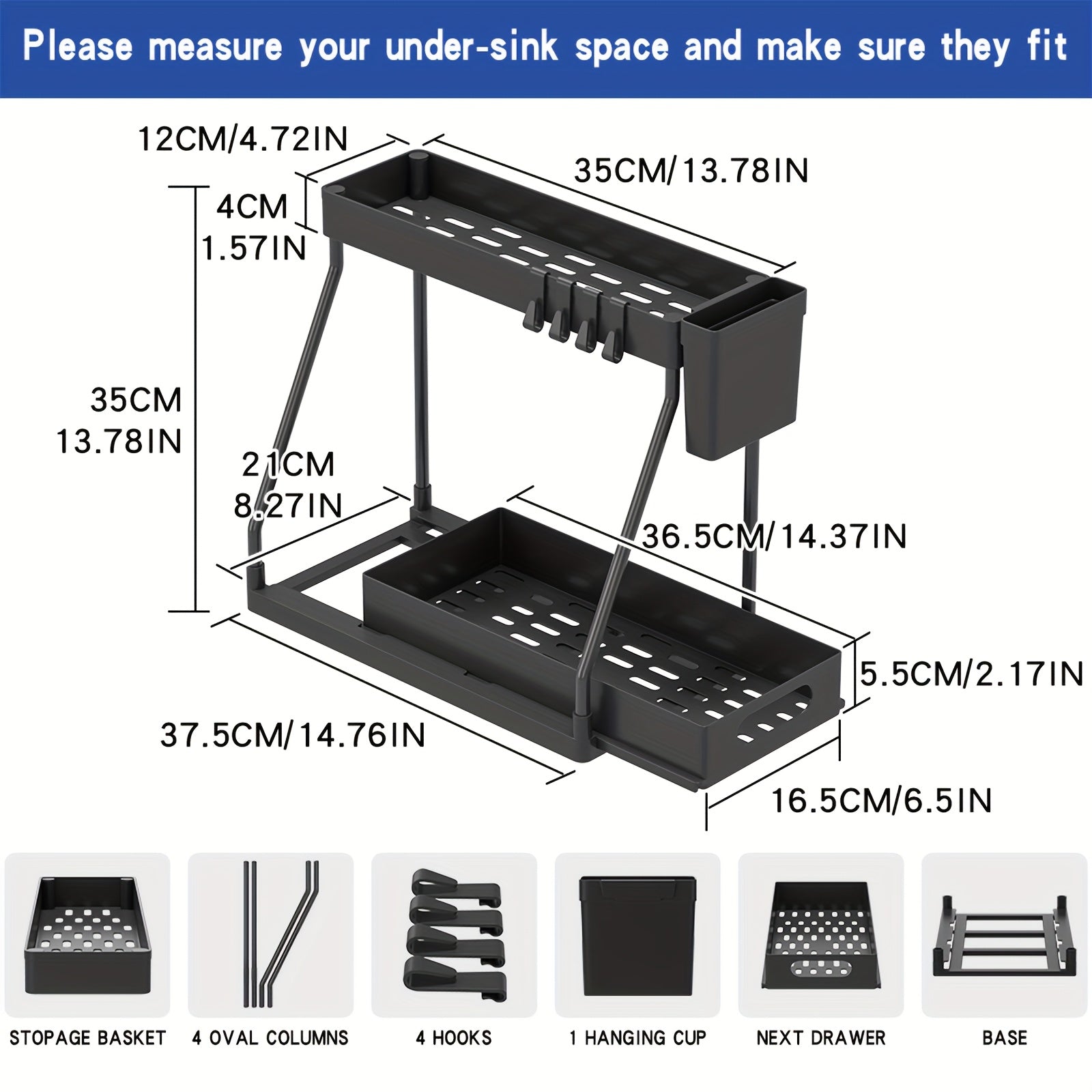2pcs Under-Sink Organizer with Sliding Shelves, Multi-Functional Black Plastic Storage Baskets for Bathroom And Kitchen Cabinets, Durable Metal Structure, Bathroom Organizer Rack