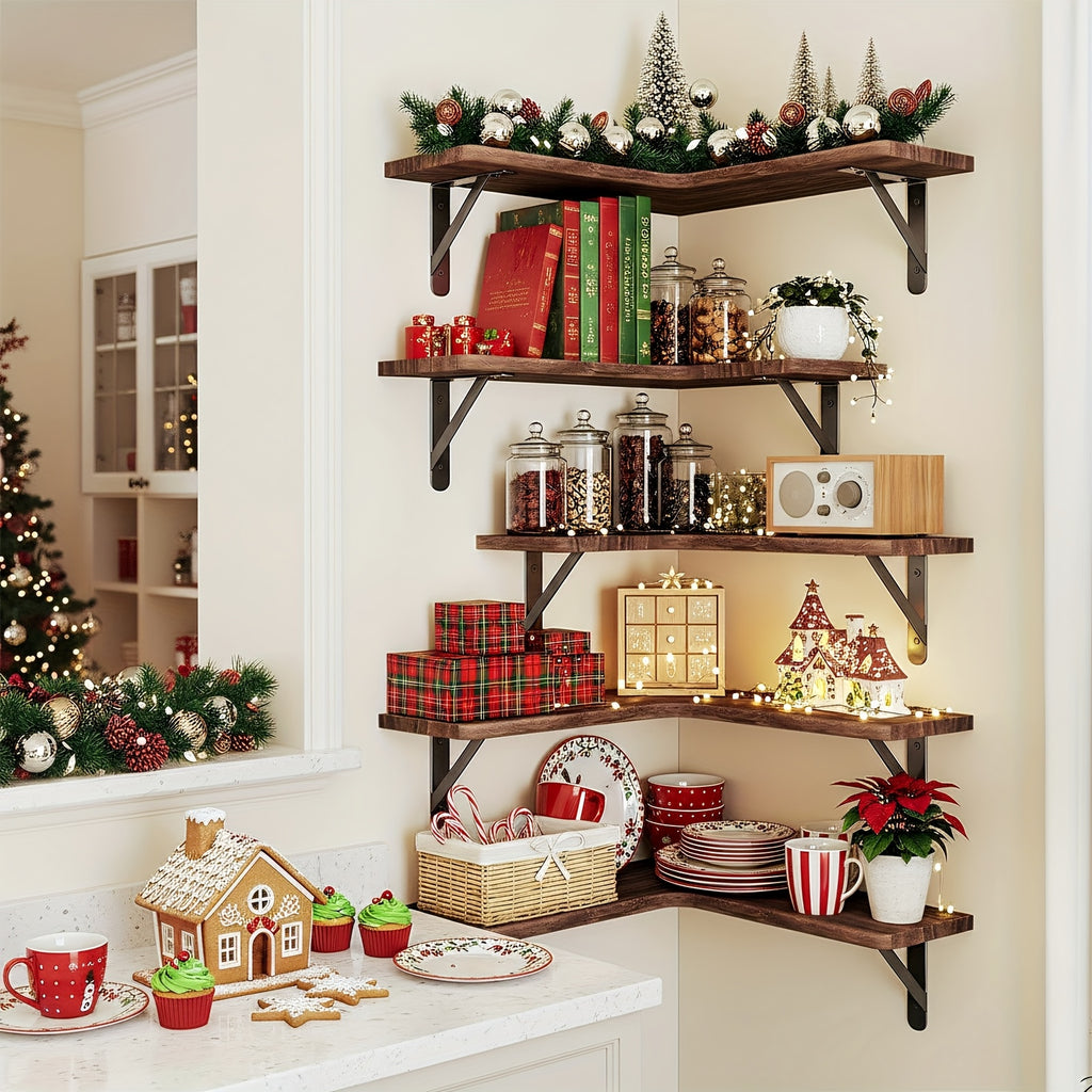 Space-Saving 5/6pcs Adjustable Home Storage Rack – durable multi-purpose storage, TOMNK 5 6pcs Heavy-Duty Rustic Wood Corner Floating Shelves Suitable for for Wall-Mounted Storage, designed for American homes, daily convenience and practical gifting