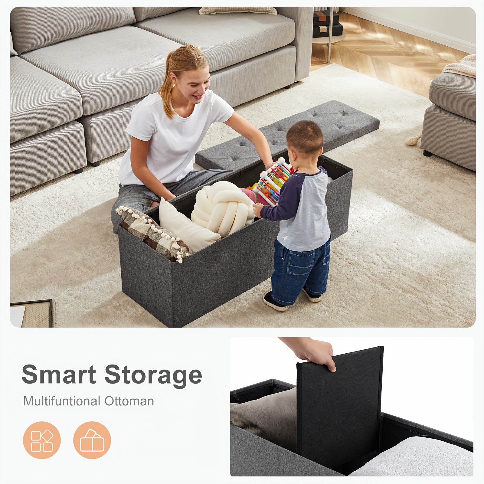 Versatile Home Storage Organizer – space-saving everyday organization, Folding Storage Ottoman Bench Foot Rest Stools End of Bed Storage Bench Large Storage, designed for American homes, daily convenience and practical gifting
