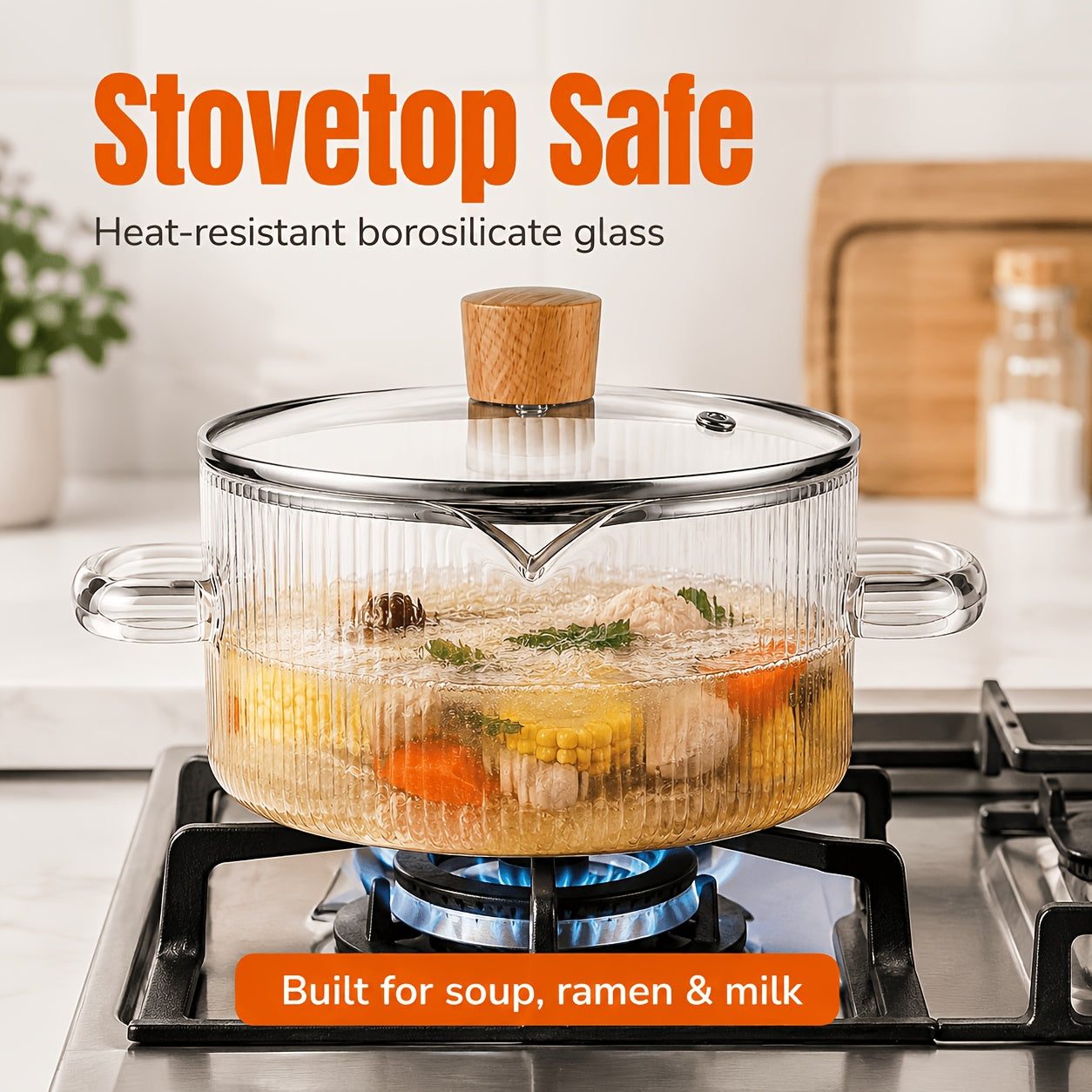 [2-Pack] Stovetop Safe Ribbed Glass Pots with Lids, 78Oz & 54Oz Saucepan for Soup Ramen Milk, Heat Resistant Borosilicate Cookware