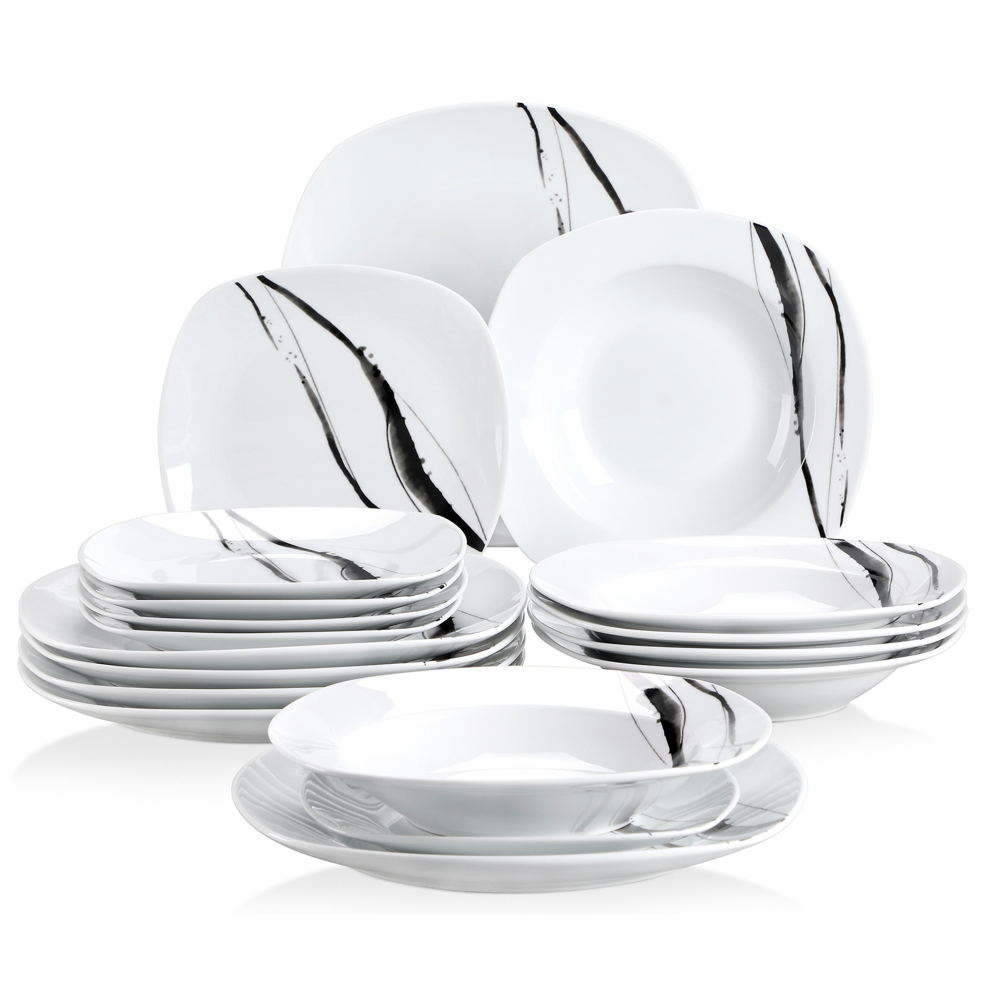 18pcs Dinner Set Service for 6, Porcelain Plates Set, Ink And Line Patterns Dining Set, Ivory White Round Dishes Set Plate Set Including 6 X 7.5" Dessert Plate, 6 X 8.5" Soup Plate, 6 X 9.75" Dinner Plate