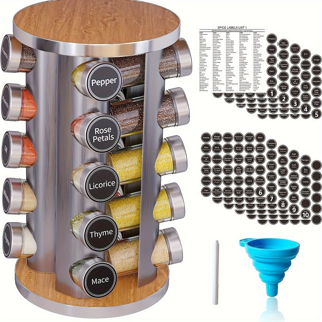 Spice Carousel Set Featuring 20 Spice Jars, Kitchen Spice Organizer for Countertop or Cupboard - Revolving Storage Tower Includes 386 Spice Labels