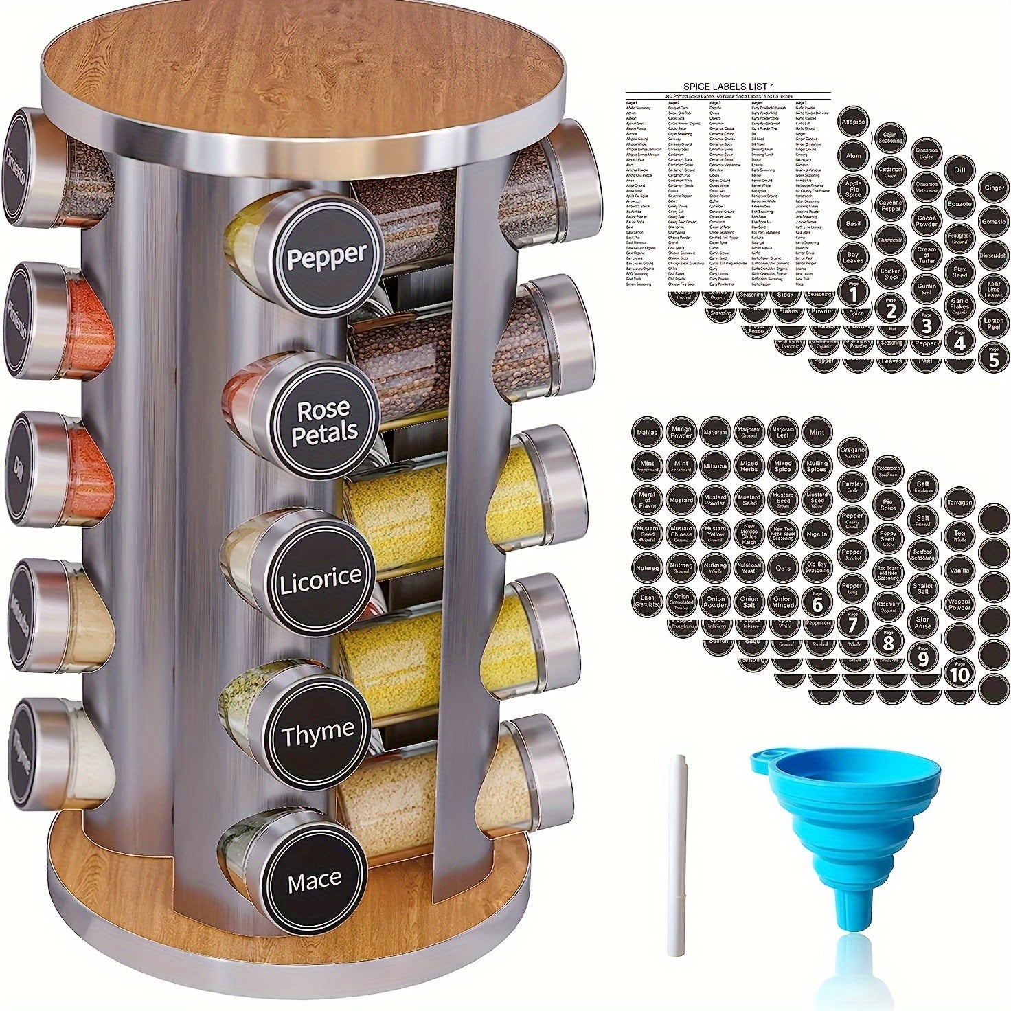 Spice Carousel Set Featuring 20 Spice Jars, Kitchen Spice Organizer for Countertop or Cupboard - Revolving Storage Tower Includes 386 Spice Labels