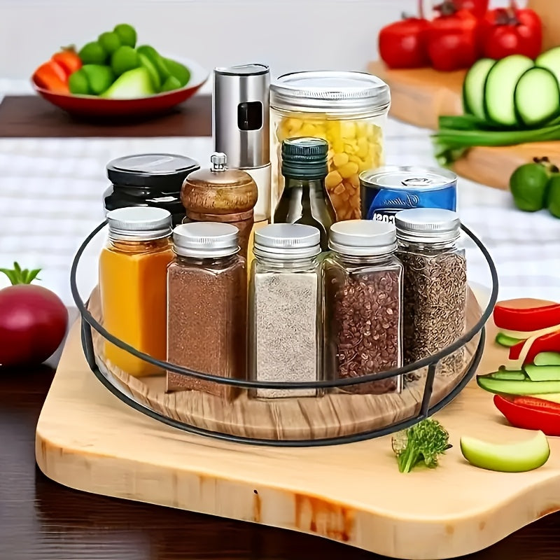 Heavy-Duty Adjustable Home Storage Rack – durable multi-purpose storage, Wooden Rotating Storage Rack with Steel Handrails Kitchen Spice Tray Susan Rotating Solid Wood, designed for American homes, daily convenience and practical gifting