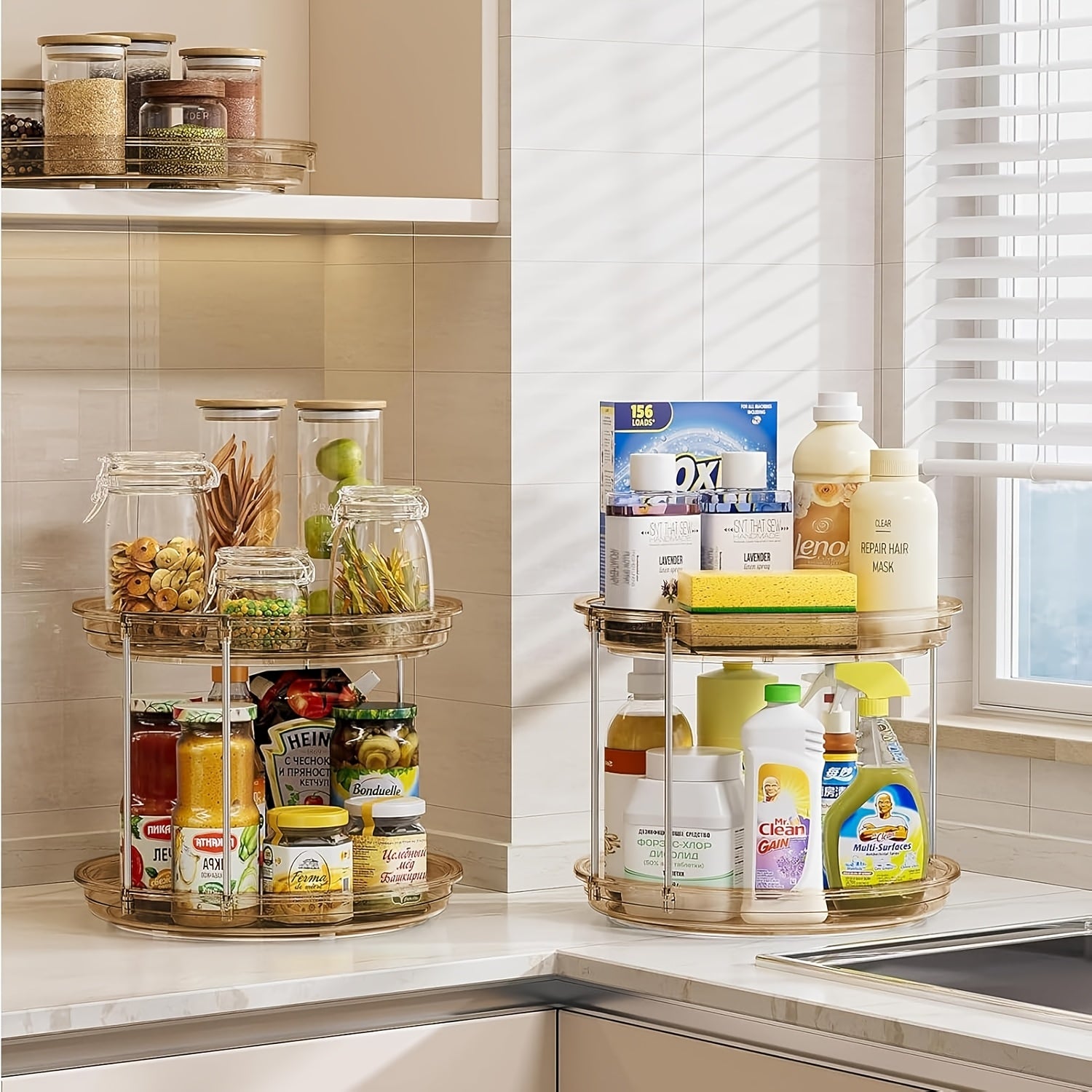 Kitchen Essential – A 2-Tier Rotating Multifunctional Countertop Turntable Designed for Storing Seasonings And Cosmetics, Featuring a 360-Degree Rotation And an Anti-Slip Base, Ideal for Use