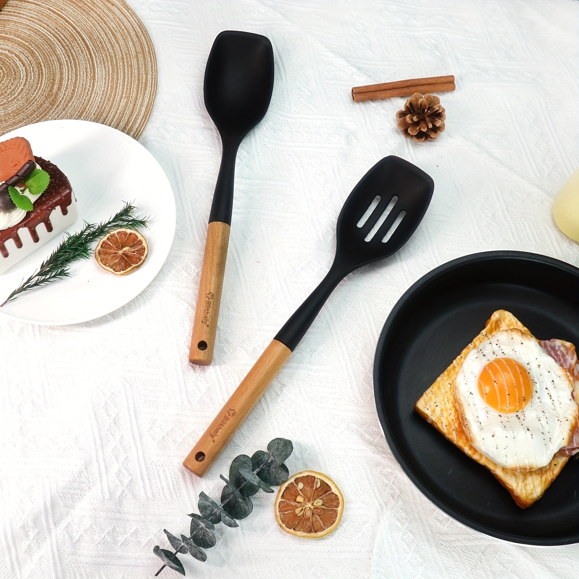 Set of 2 Silicone Cooking Spoons, Sturdy Slotted Spoon with Wooden Handle, Nonstick Silicone Kitchen Utensils for Cooking, Heat-Resistant Spatula Set for Serving, Basting, And Mixing