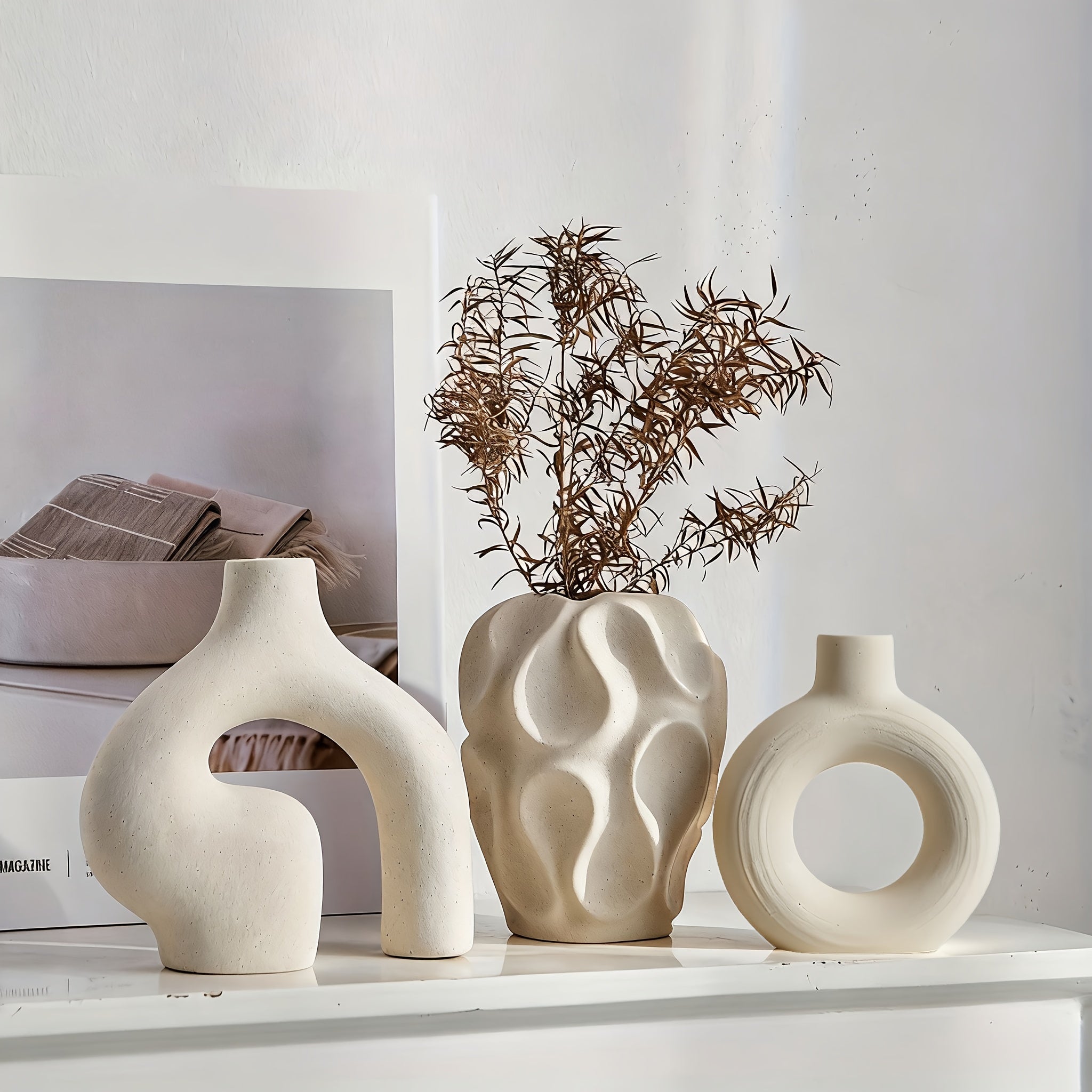 Kitchen Essential – Ceramic Vase Set 3 - Piece - Bohemian Farmhouse Style Decorative Vases Pampas Grass, Beige Vases Home Decor, Living Room, Kitchen, Bedroom, Entryway Mantel for Modern US