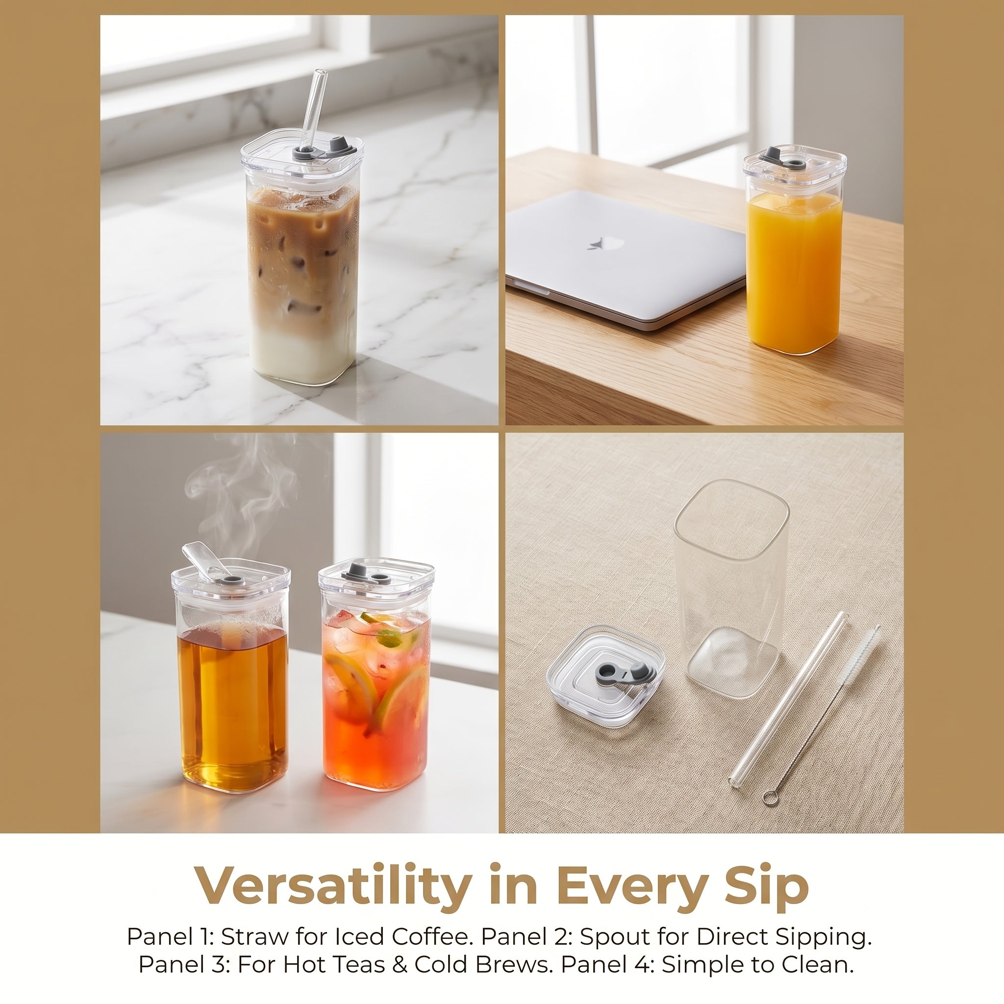 Compact 13oz Reusable Drinkware Set – easy-access beverage storage, Set of 4 Square Glass Cups with Lids 13oz Capacity Perfect Coffee Cups Includes, designed for American homes, daily convenience and practical gifting