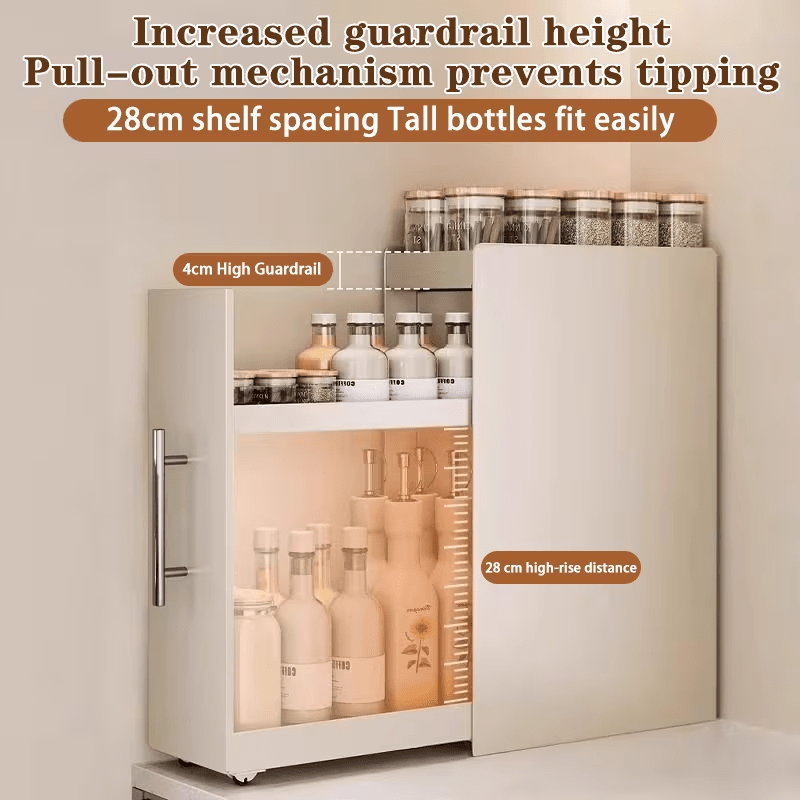 A Two-Tier Kitchen Storage Rack with Magnetic Hooks And a Cutting Board Holder, Ideal for Organizing Condiments, Tea Cups, Spices, Herbs, And Water Bottles. This Pull-Out Multipurpose Spice Box Is a Perfect Solution for Countertop Organization