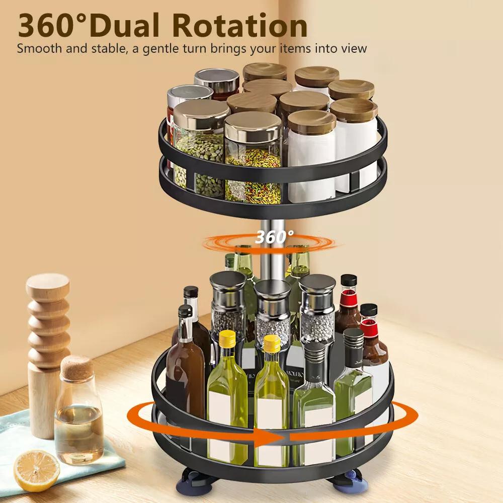 Kitchen Essential – Lazy Susan Organizer Spice Rack - 2 3 Tier Height Adjustable Spice Organization for Cabinet, Metal Seasoning Organizer Lazy Turntable Spice Organizer for Table Top Pantry