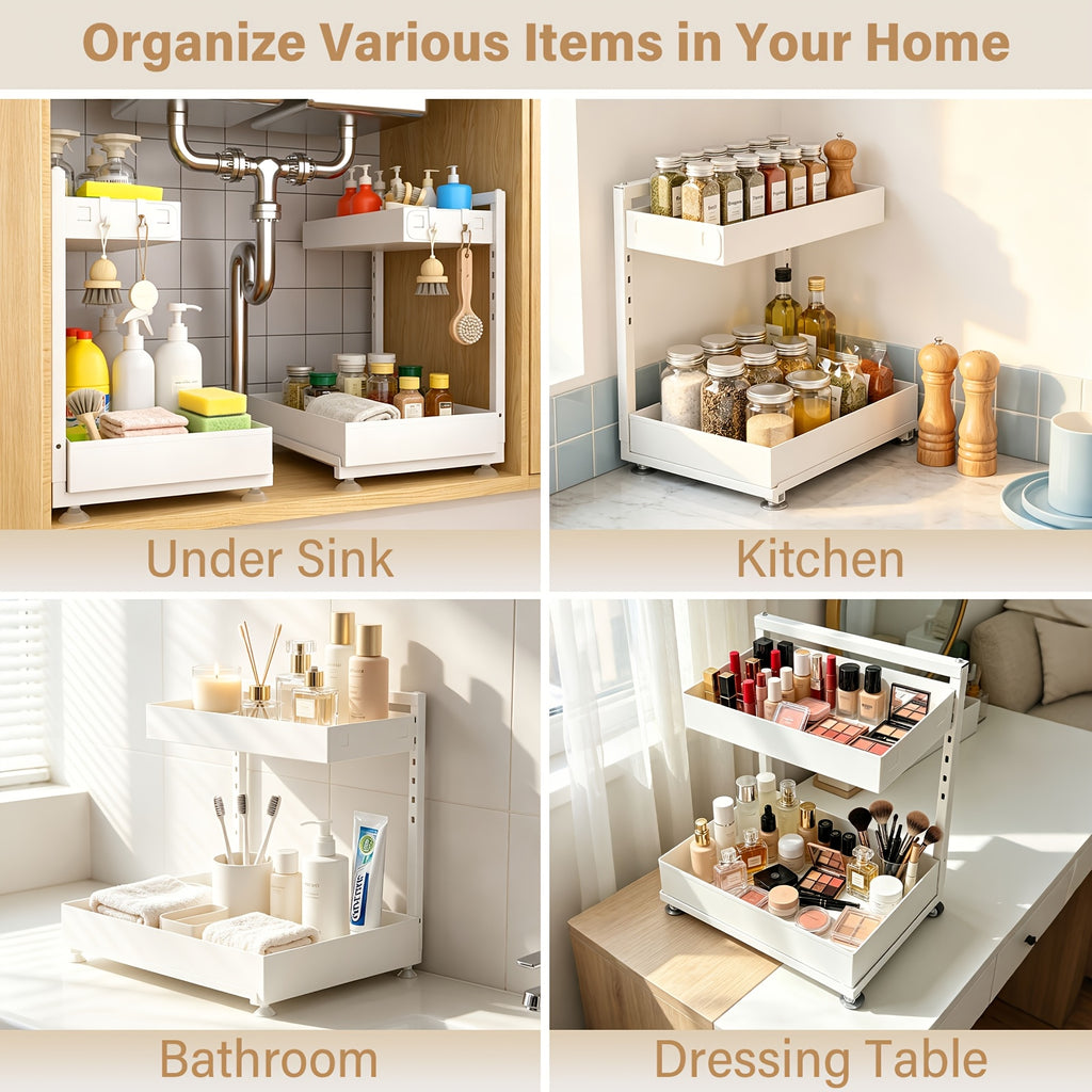 2-Pack Under Sink Organizer, 2-Tier Pull-Out Storage Rack, Adjustable Metal Cabinet Organizer for Kitchen Bathroom Pantry